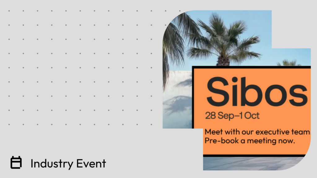 Poster for Sibos Industry Event Featuring a Palm-tree Image with an Orange Information Panel Bottom-left Shows industry Event with a Chair Icon