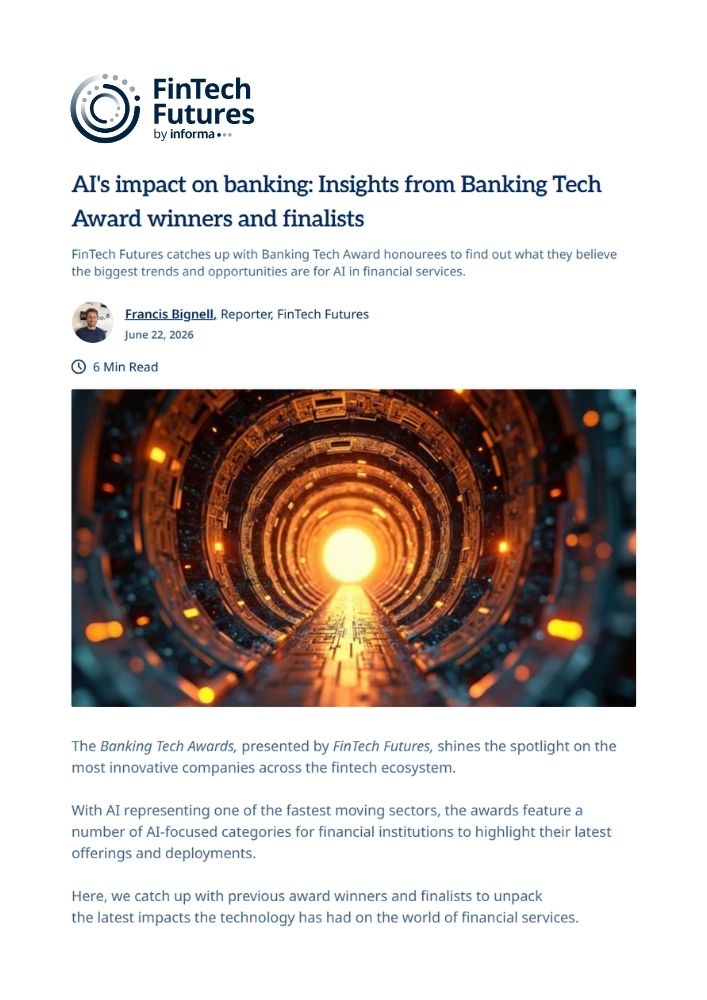 Hero Image for a Fintech Futures Article a Concentric Circular Tunnel with a Bright Orange Core Suggests Ai in Banking