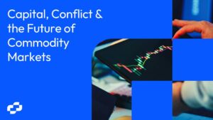 Banner Blue Background with White Title capital Conflict  the Future of Commodity Markets and a Small Logo Bottom-left Plus a Collage of Stock Charts and Hands