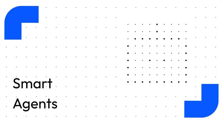 Brand Banner Featuring a Blue Geometric Mark on Left and a Blue Corner on the Right over a Light Gray Dot Grid with the Text smart Agents