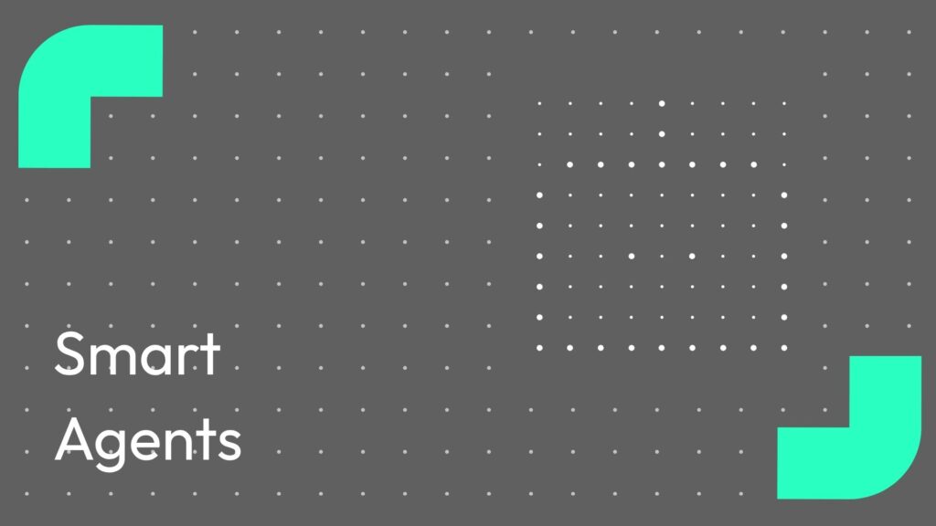 Dark Gray Banner with a Dotted Grid Pattern Turquoise Corner Shapes and Large White Text smart Agents