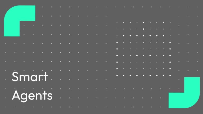 Dark Gray Banner with a Dotted Grid Pattern Turquoise Corner Shapes and Large White Text smart Agents