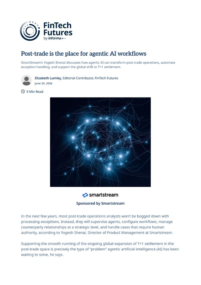 Header of Fintech Futures Article with Logo Title post-trade is the Place for Agentic Ai Workflows Author Elizabeth Lumley and a Blue Neural-network Graphic Above the Smartstream Logo