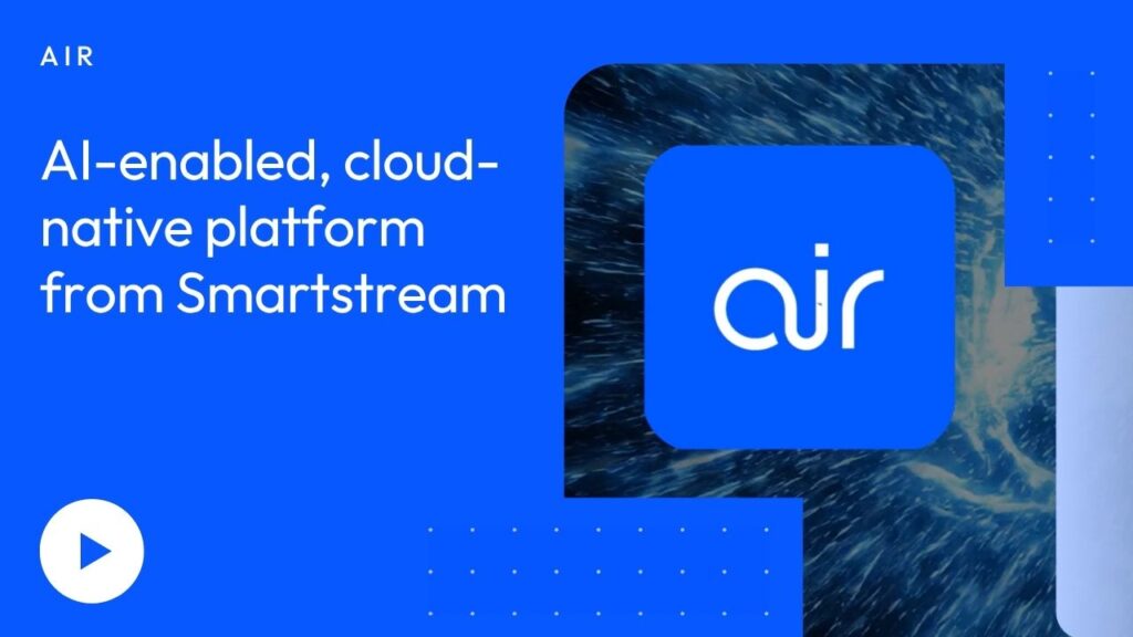 Blue Hero Banner with the Text ai-enabled Cloud-native Platform from Smartstream on the Left and a Blue air Logo on the Right