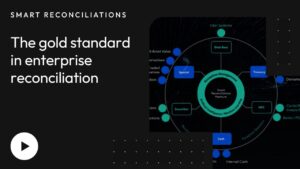 Hero Banner Bold Headline the Gold Standard in Enterprise Reconciliation on the Left with a Circular Diagram on the Right Against a Dark Background and a White Play Button Bottom-left Indicating Video Playback
