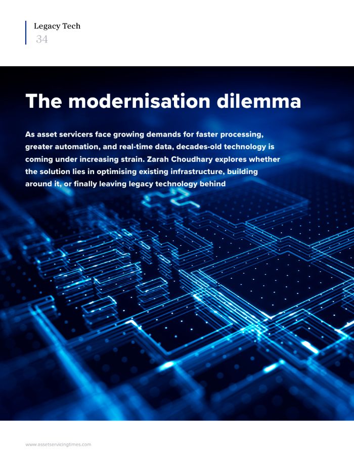 Blue Circuit-board Hero Image with the Headline the Modernisation Dilemma and a Brief Blurb About Asset Services at the Top Left legacy Tech 34