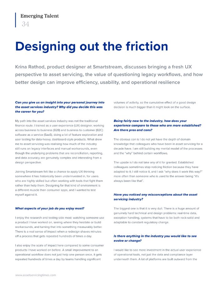 Page Header for an Article Titled designing out the Friction with a Two-column Qa Layout and a Small emerging Talent Tag 34