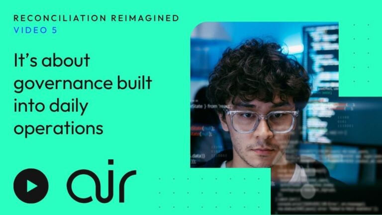 Hero Image for a Video Page Coder Looking at Screens with Code Overlays on the Right Turquoise Background and Bold Title Text About Governance in Daily Operations with a Play Button Symbol