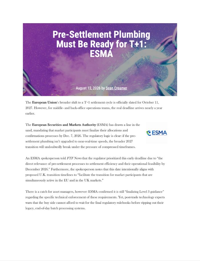 Informational Article Header Purple Banner with pre-settlement Plumbing Must Be Ready for T+1 Esma Byline and Esma Logo on the Page