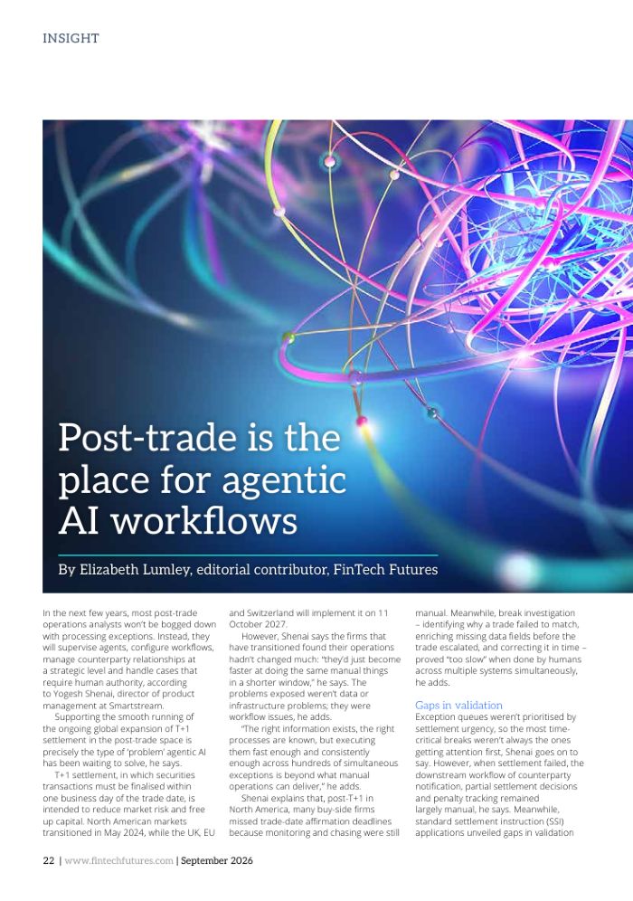 Abstract Neon Network Illustration with Interconnected Lines and Glowing Nodes Article Header Reads post-trade is the Place for Agentic Ai Workflows