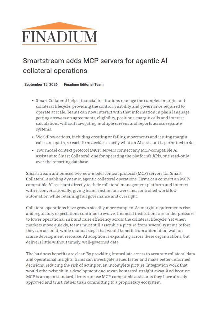 Finadium Article Header with Logo and Headline About Mcp Servers for Ai Collateral Operations smartstream and Date Details Dismissed As Page Image Text Serviceable to Screen Readers First