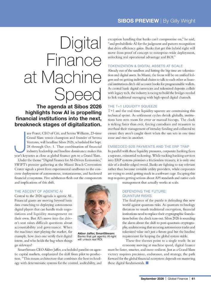 Magazine Page Titled digital Finance at Machine Speed with Three-column Text and a Portrait of Akber Jaffer Header Shows sibos Preview by Gilly Wright