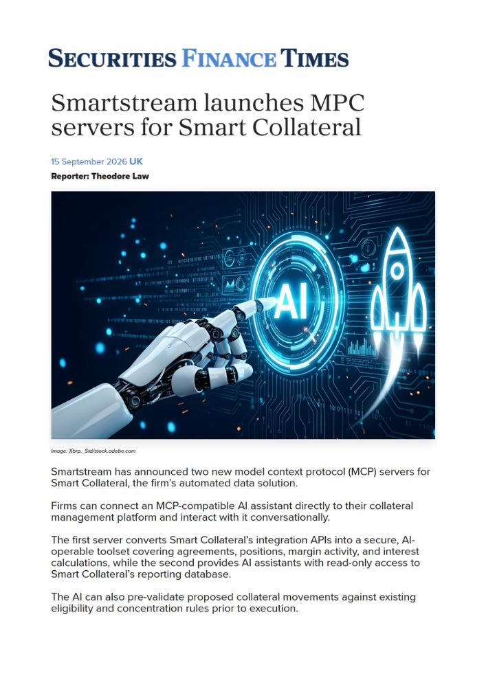 Securities Finance Times Article About Smartstream Mpc Servers for Smart Collateral a Robotic Hand Points to a Glowing Ai Circle in the Ai Illustration