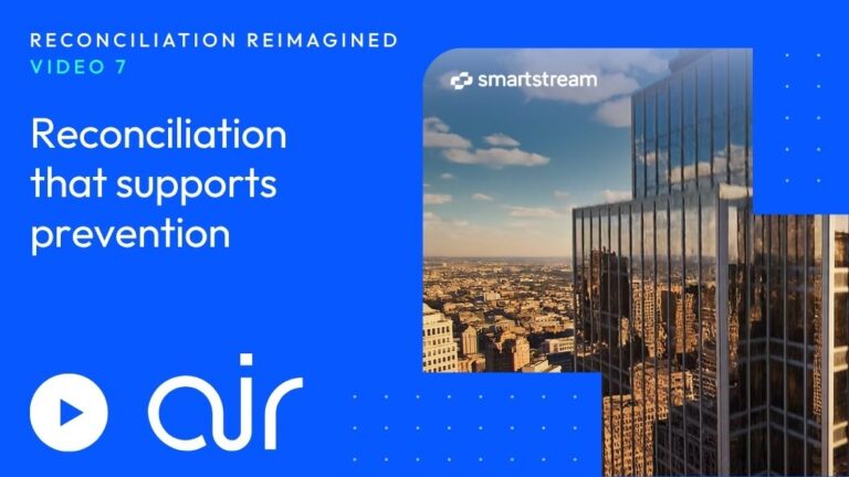 Promotional Blue Banner Thumbnail reconciliation That Supports Prevention with a Cityscape Image on the Right and a White Play Button on the Left smartstream Branding