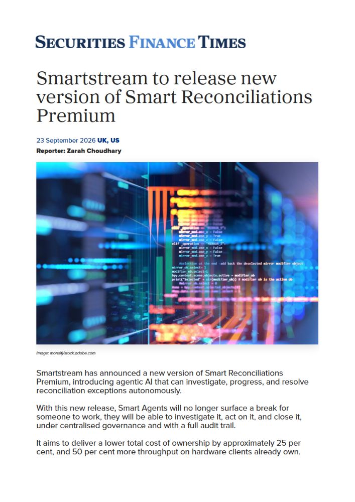 Securities Finance Times Article Header Announcing Smartstreams New Version of Smart Reconciliations Premium with a Blue Data-center Image