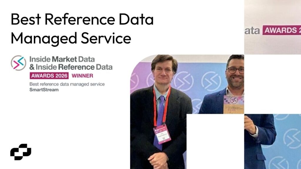 2026-09-24 News - Award - Ird Smart Data | Smartstream Banner Announcing best Reference Data Managed Service with Awards Logo and Two Men at a Ceremony Backdrop Partial Collage Layout