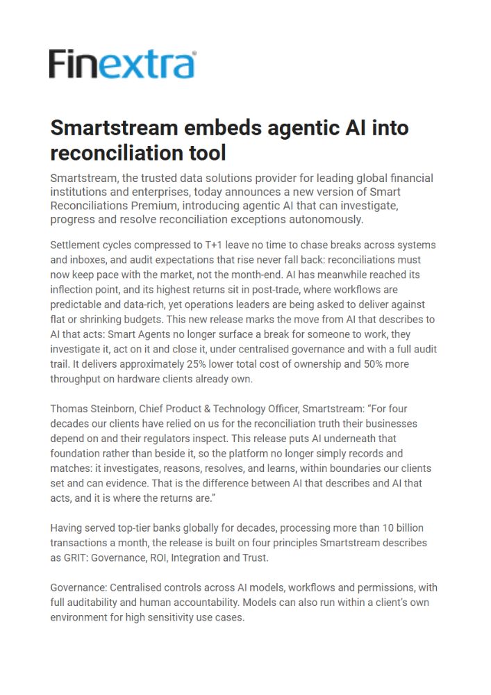 Finextra Article Header smartstream Embeds Agentic Ai into Reconciliation Tool Describing an Ai-enabled Reconciliation Tool News Post