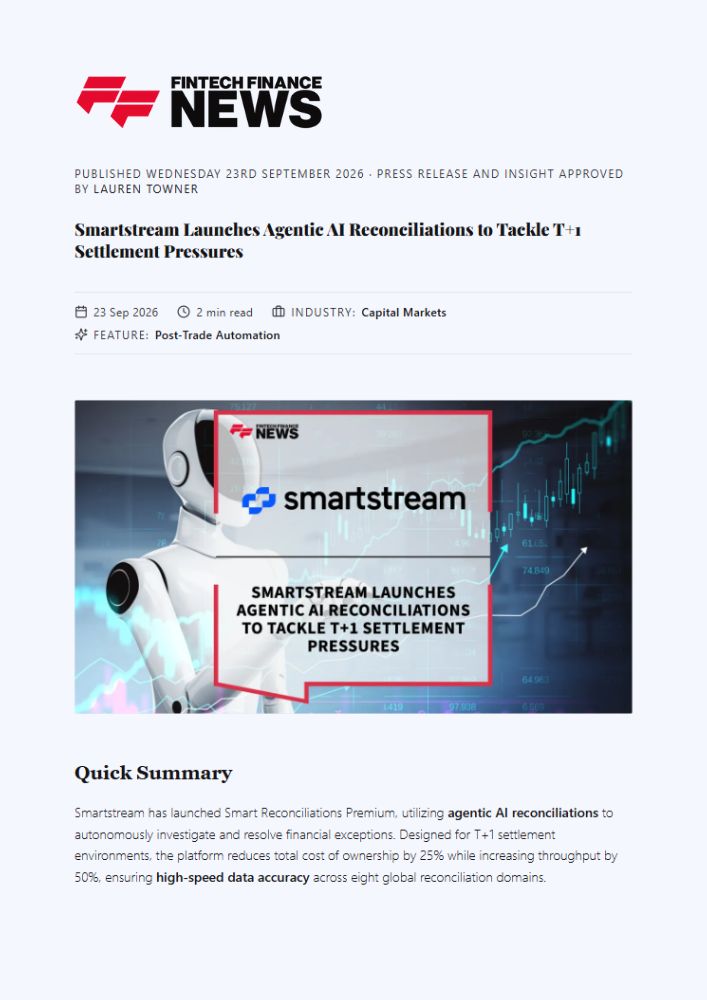 Fintech Finance News Article Header About Smartstream Ai Reconciliations Hero Image Shows a White Robot Beside a Screen with the Smartstream Logo and Financial Charts