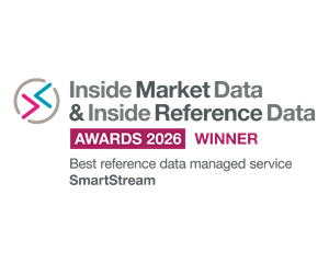 奖项徽章注明 2026 年大奖得主最佳参考数据托管服务提供商带有 Inside Market Data 和 Inside Reference Data 徽标以及 Smartstream 品牌标识
