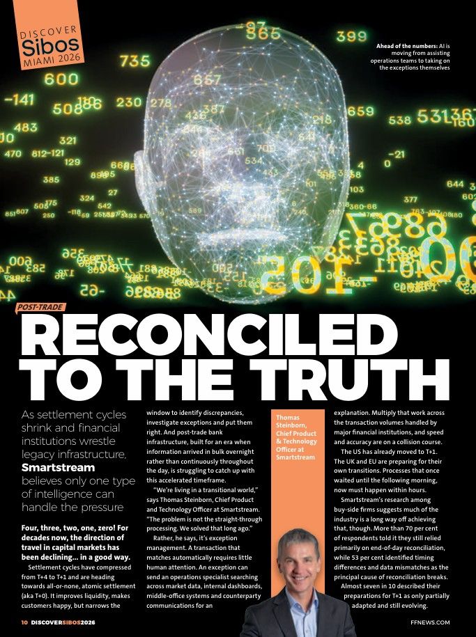 Futuristic Magazine Cover Spread Featuring a Glowing Wireframe Head with Floating Numbers a Bold Title reconciled to the Truth and a Small Portrait Photo in the Lower-right Corner Beside Article Text