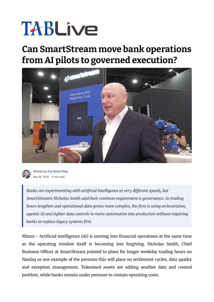 Hero Image Tablive Logo and Article Headline a Bald Man in a Suit Talks at a Smartstream Booth at a Conference