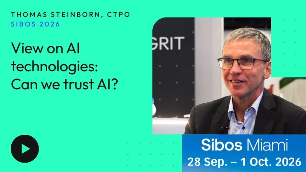 2026-09-30 Video - Sibos - Thomas Steinborn | Smartstream Promo Banner for Sibos 2026 Featuring Speaker Thomas Steinborn Cto with the Talk Title view on Ai Technologies Can We Trust Ai and a Play Button Icon