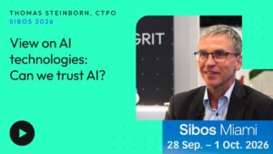 Promo Banner for Sibos 2026 Featuring Speaker Thomas Steinborn Cto with the Talk Title view on Ai Technologies Can We Trust Ai and a Play Button Icon