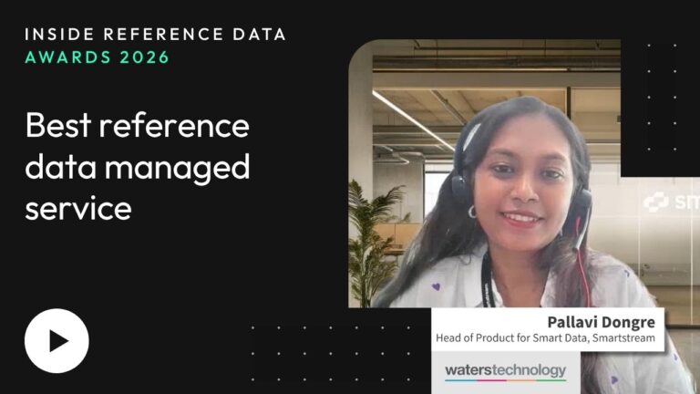 Speaker with Headset Presenting on a Dark Slide Inside Reference Data Awards 2026 Best Reference Data Managed Service Headline