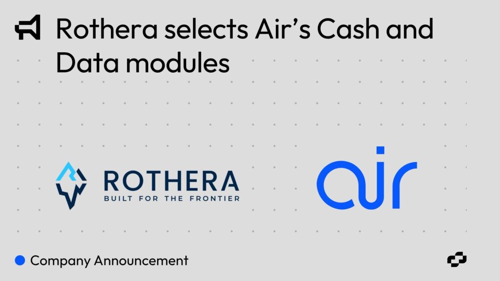 2026-10-06 Announcement - Rothera Selects Air | Smartstream Announcement Banner Text Reads rothera Selects Airs Cash and Data Modules with Rothera Logo on the Left and Air Logo on the Right Across a Gray Dotted Background at the Bottom-left a Small Blue Dot and company Announcement Text