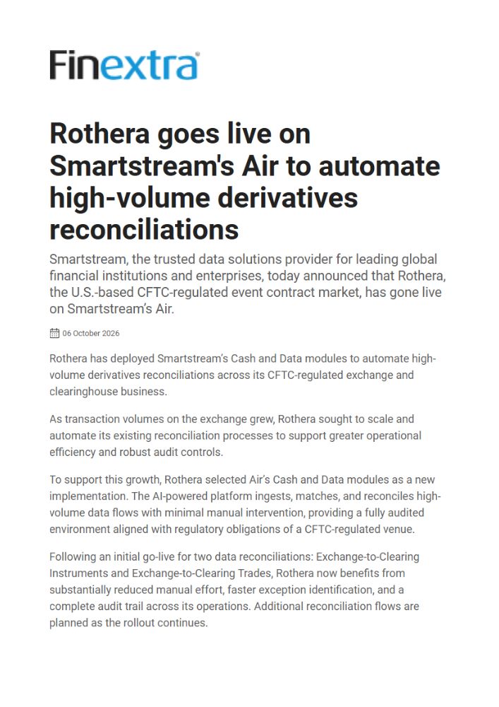 Finextra Article Header Announcing Rothera Goes Live on Smartstreams Air to Automate High-volume Derivatives Reconciliations