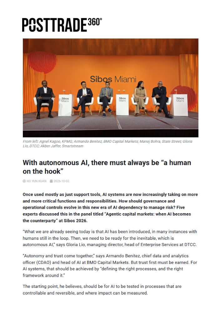 Panel Discussion Onstage at Sibos Miami with Five Speakers and Orange Backdrop