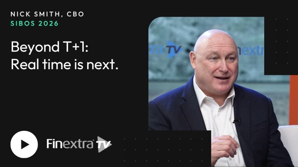 Bald Man in a Suit Being Interviewed on Finextra Tv Headline Reads beyond T+1 Real Time is Next