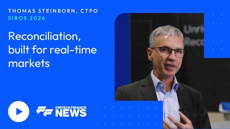 Promotional Banner for Sibos 2026 Featuring Thomas Steinborn and the Title Reconciliation Built for Real-time Markets with the Fintech Finance News Logo a Man in a Suit Giving a Talk